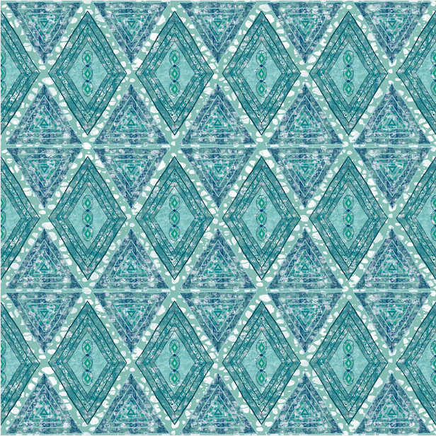 Detail of wallpaper in an intricate diamond grid pattern in shades of blue and turquoise.