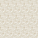 Detail of fabric in a dense geometric grid print in tan on a cream field.