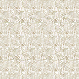 Detail of fabric in a dense geometric grid print in tan on a cream field.