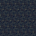 Detail of fabric in a dense geometric grid print in blue and cream on a black field.