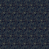 Detail of fabric in a dense geometric grid print in blue and cream on a black field.