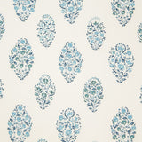 Detail of wallpaper in a floral paisley print in shades of blue and green on a cream field.