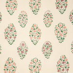 Detail of wallpaper in a floral paisley print in shades of pink, purple and green on a cream field.