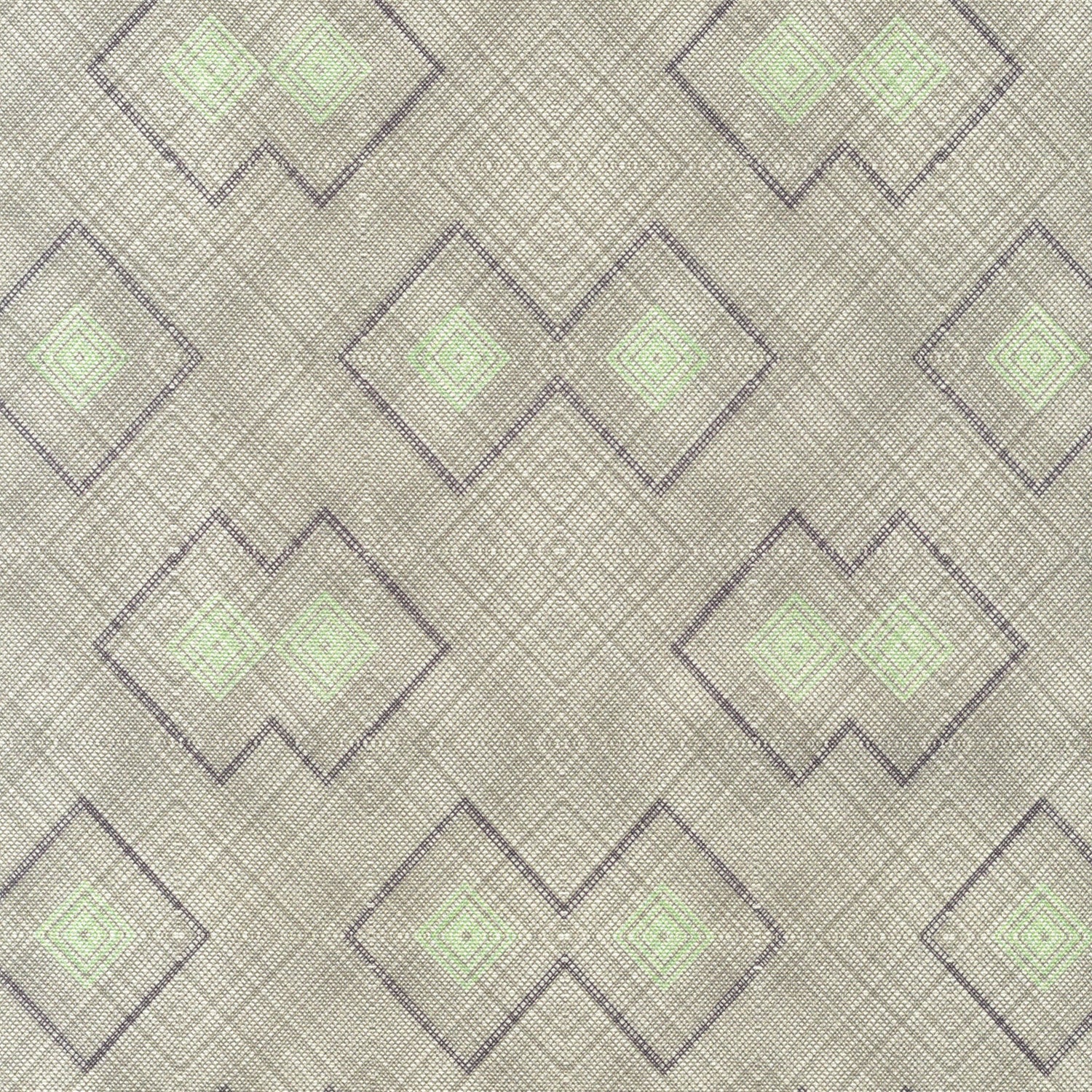 Detail of fabric in a detailed diamond lattice print in shades of light green and purple on a tan field.
