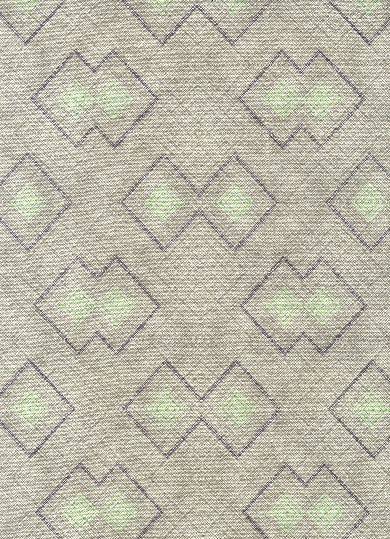 Detail of fabric in a detailed diamond lattice print in shades of light green and purple on a tan field.