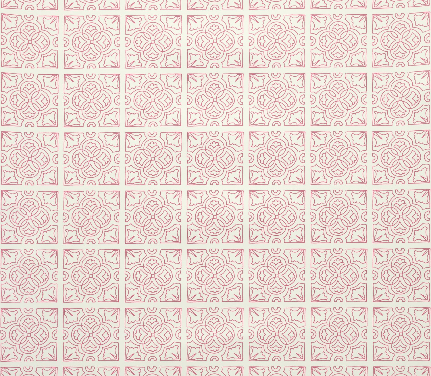 Detail of fabric in a damask lattice print in pink on a cream field.