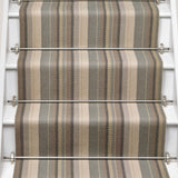 Striped flatweave runner in grey sage tan on white staircase