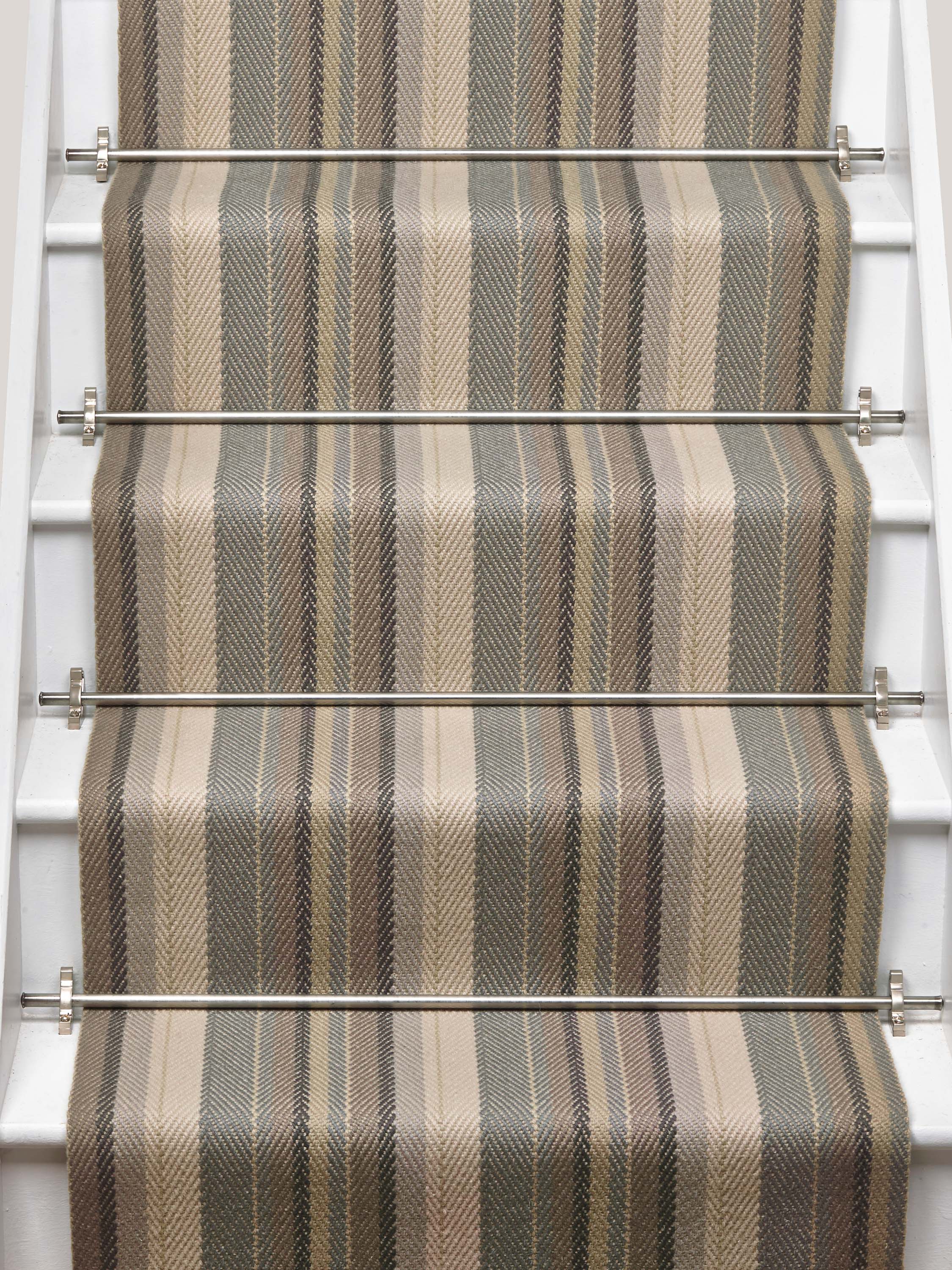 Striped flatweave runner in grey sage tan on white staircase