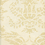 Detail of wallpaper in a mottled damask print in tan on a cream field.