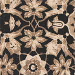 Detail of fabric in a floral damask print in shades of brown and cream on a black field.