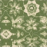 Detail of fabric in a floral damask print in shades of green and cream on a green field.