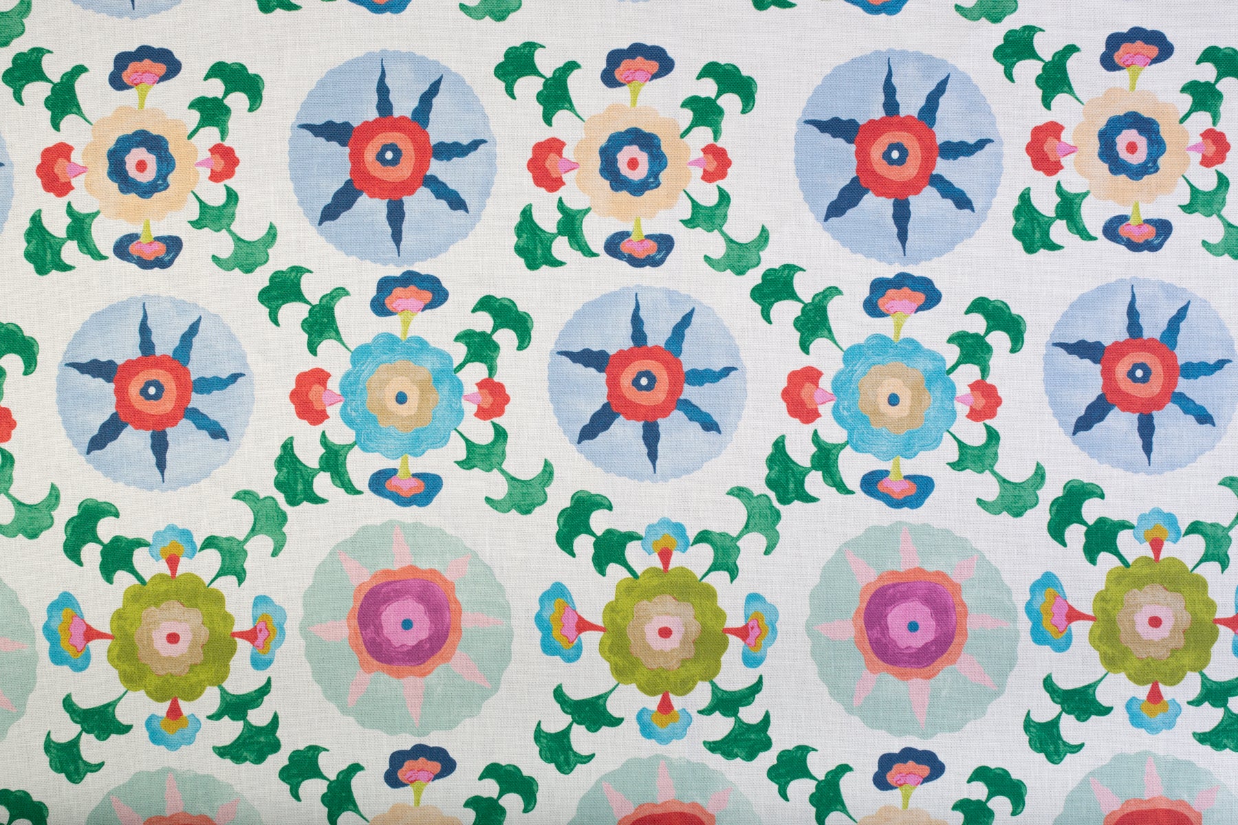 Detail of fabric in a playful floral pattern in a rainbow of colors on a white field.