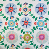 Detail of fabric in a playful floral pattern in a rainbow of colors on a white field.