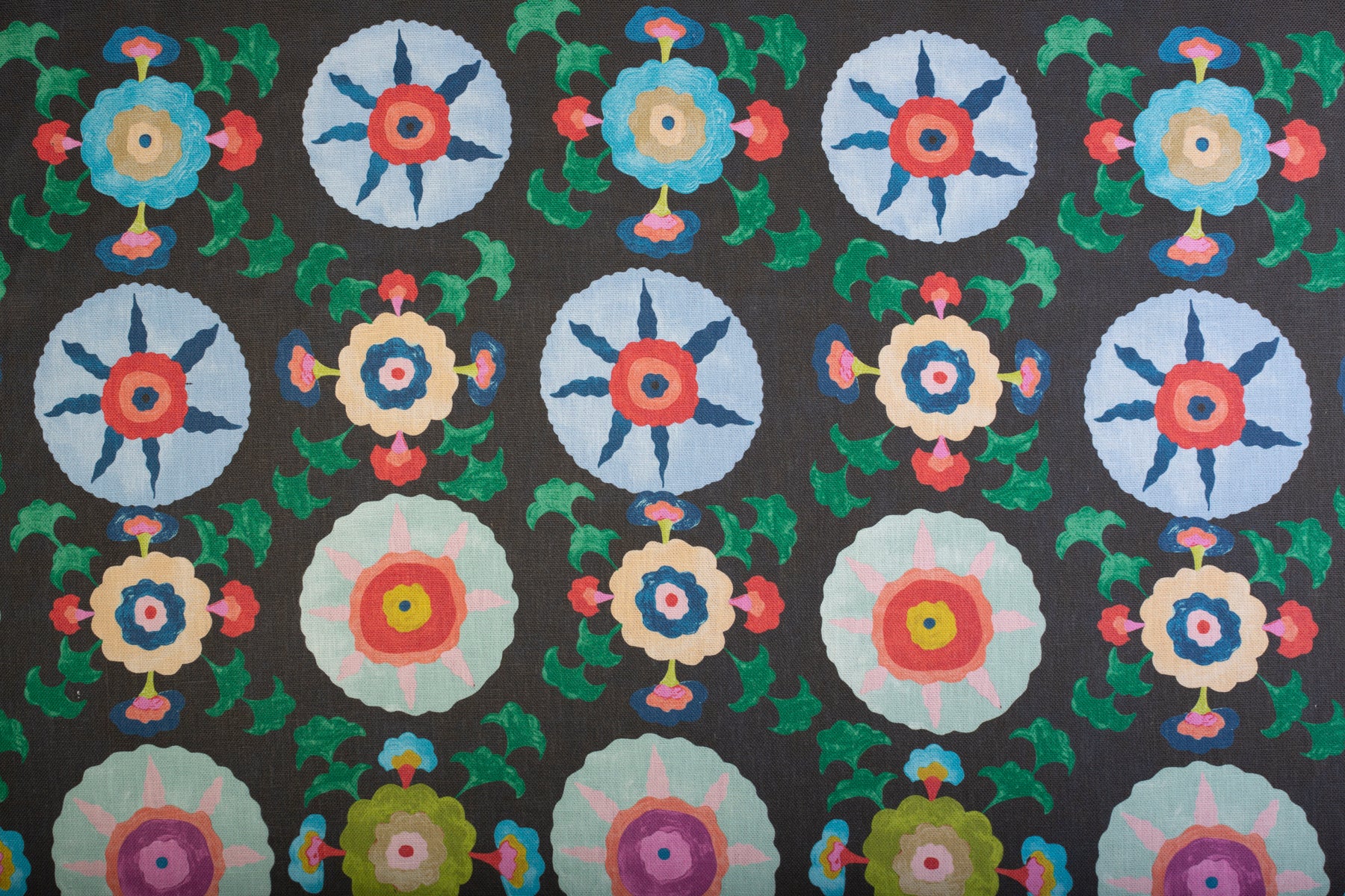 Detail of fabric in a playful floral pattern in a rainbow of colors on a gray field.