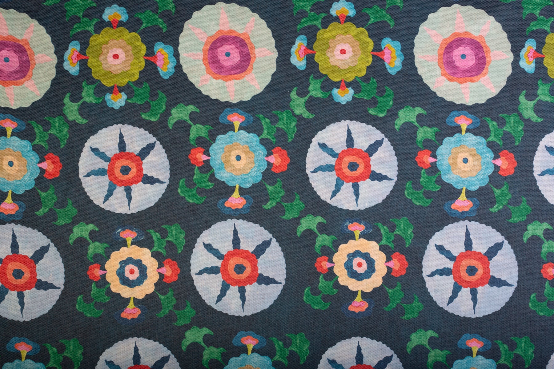 Detail of fabric in a playful floral pattern in a rainbow of colors on a navy field.