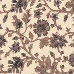 Detail of fabric in a floral damask print in shades of brown and gray on a cream field.