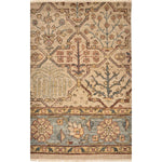 A traditional Old World rug with floral and geometric outlines in shads of tan, rust and blue.