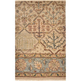 A traditional Old World rug with floral and geometric outlines in shads of tan, rust and blue.