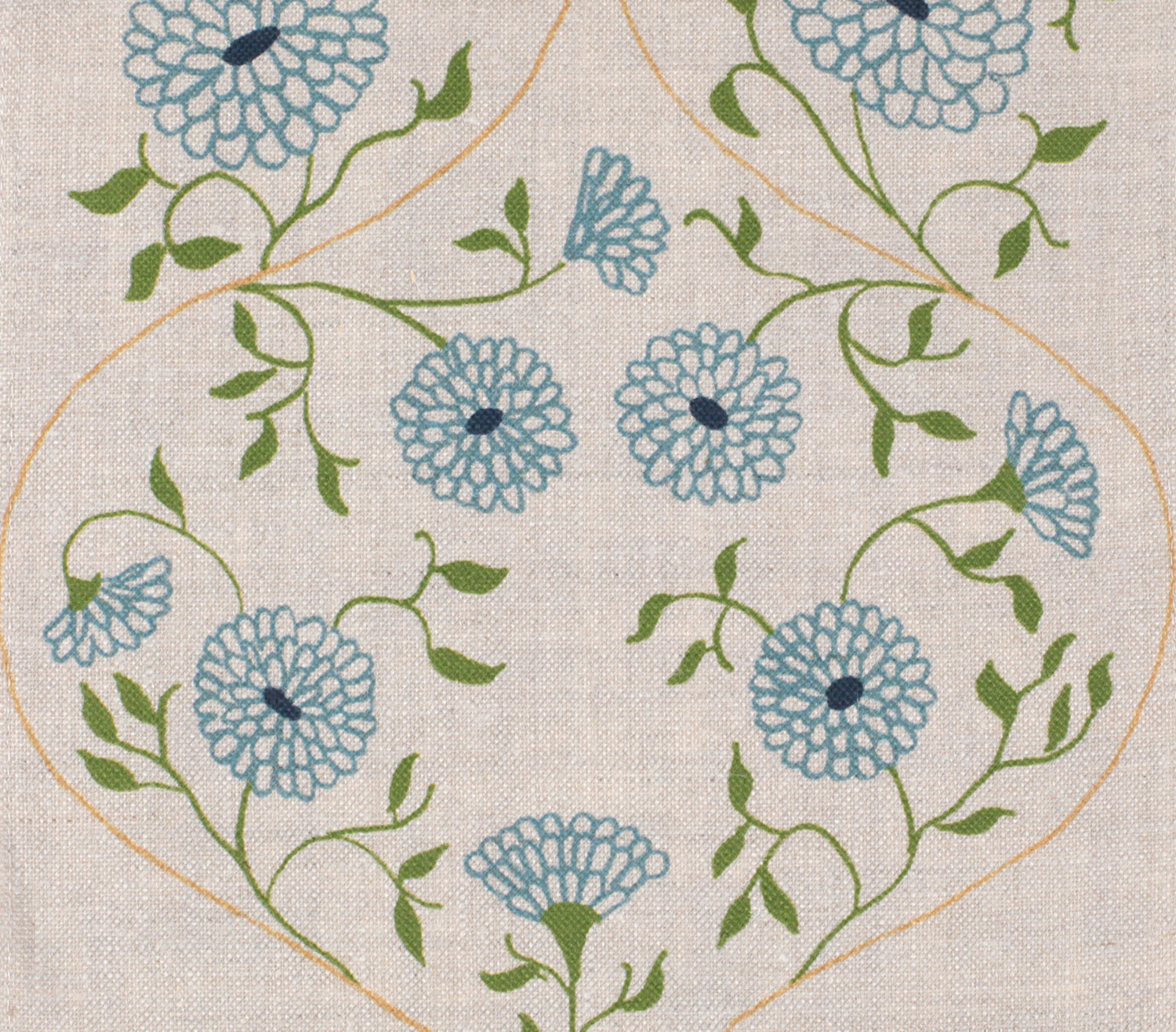 Detail of fabric in a floral lattice print in blue, navy and green on a tan field.