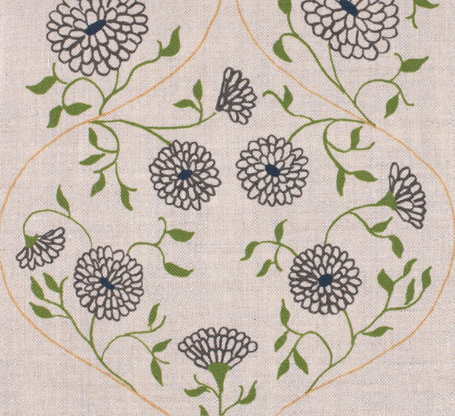 Detail of fabric in a floral lattice print in gray, orange and green on a tan field.