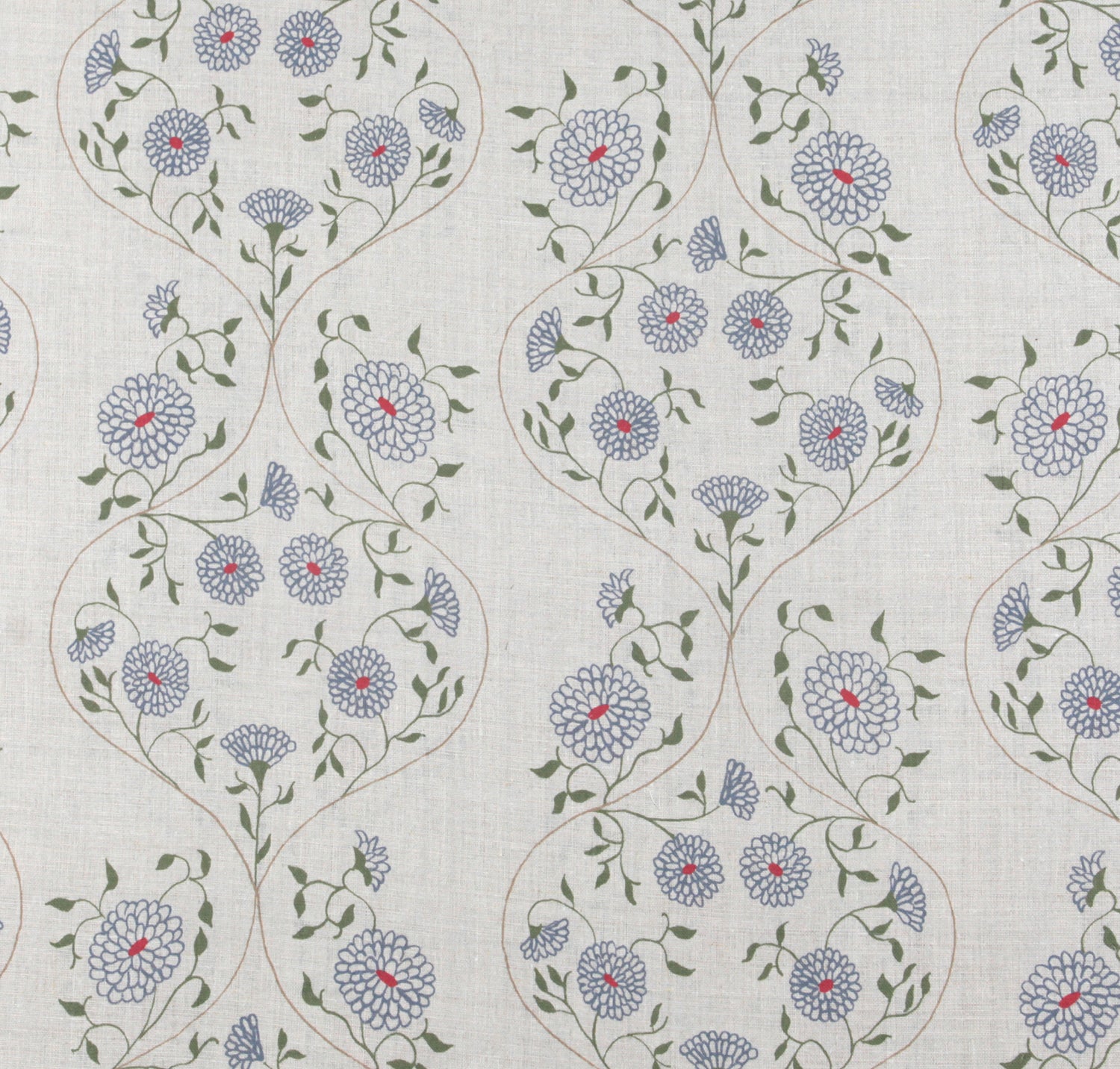 Detail of fabric in a floral lattice print in blue, red and green on a cream field.