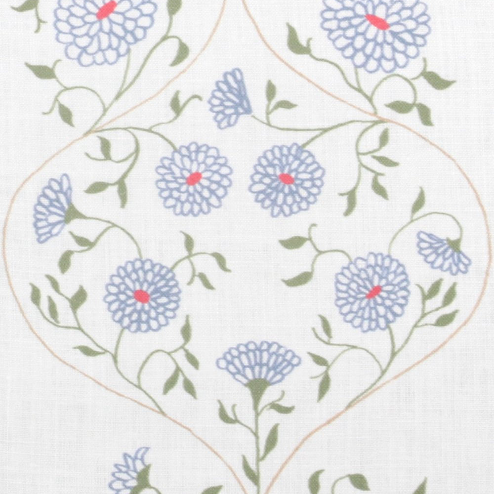 Detail of fabric in a ffloral lattice print in blue, red and green on a cream field.