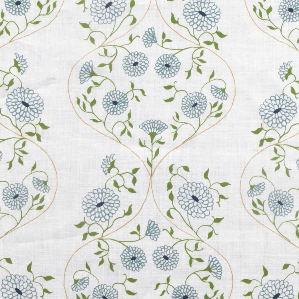 Detail of fabric in a floral lattice print in blue, navy and green on a cream field.