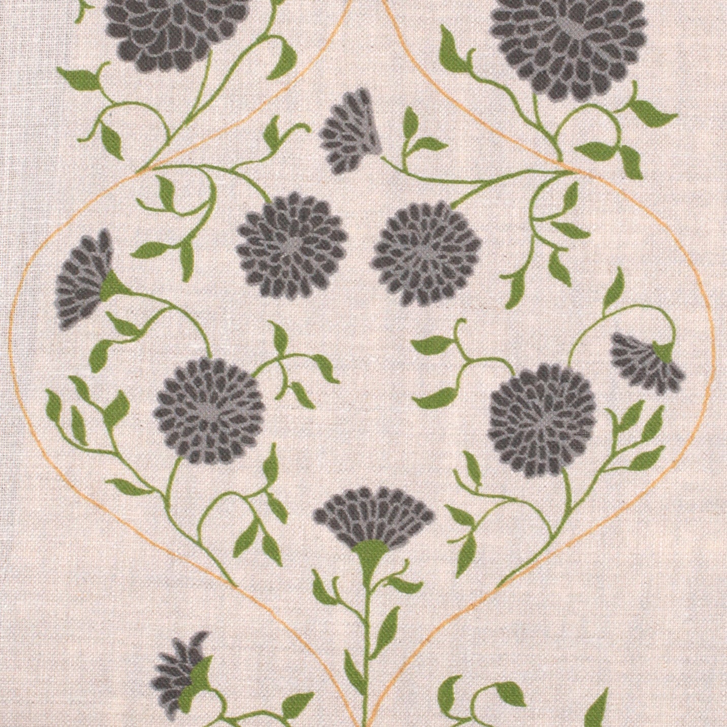 Detail of fabric in a floral lattice print in gray, charcoal and green on a cream field.