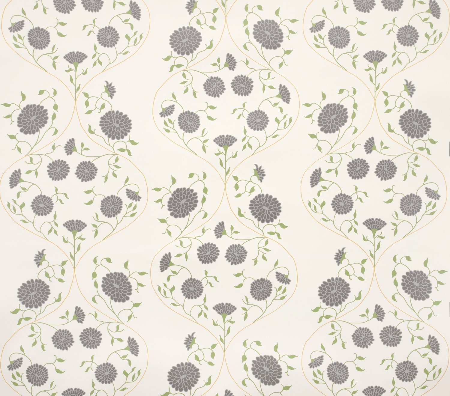 Detail of wallpaper in a floral lattice print in gray, charcoal and green on a cream field.