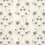 Detail of wallpaper in a floral lattice print in gray, charcoal and green on a cream field.