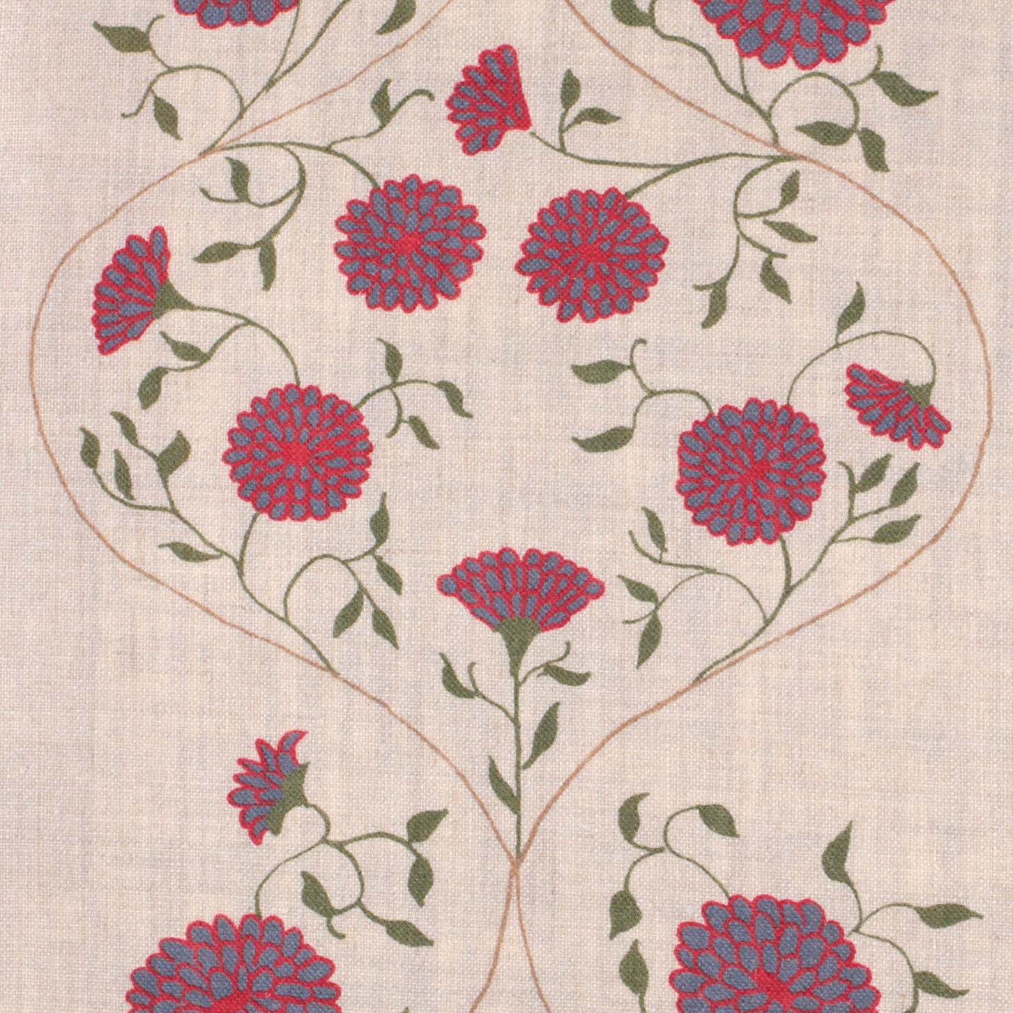 Detail of fabric in a floral lattice print in pink, blue and green on a tan field.