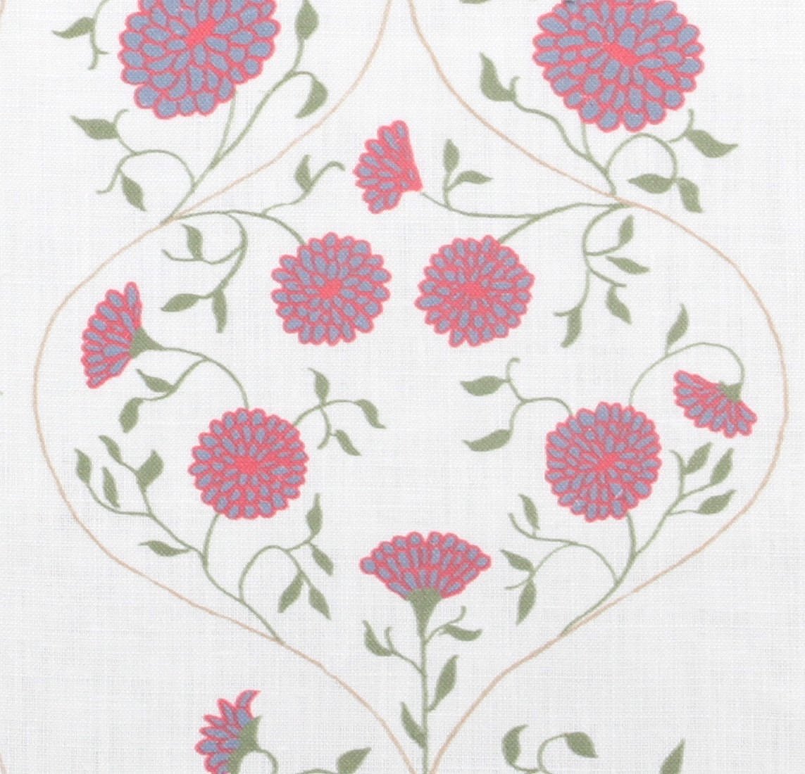 Detail of fabric in a floral lattice print in pink, blue and green on a cream field.