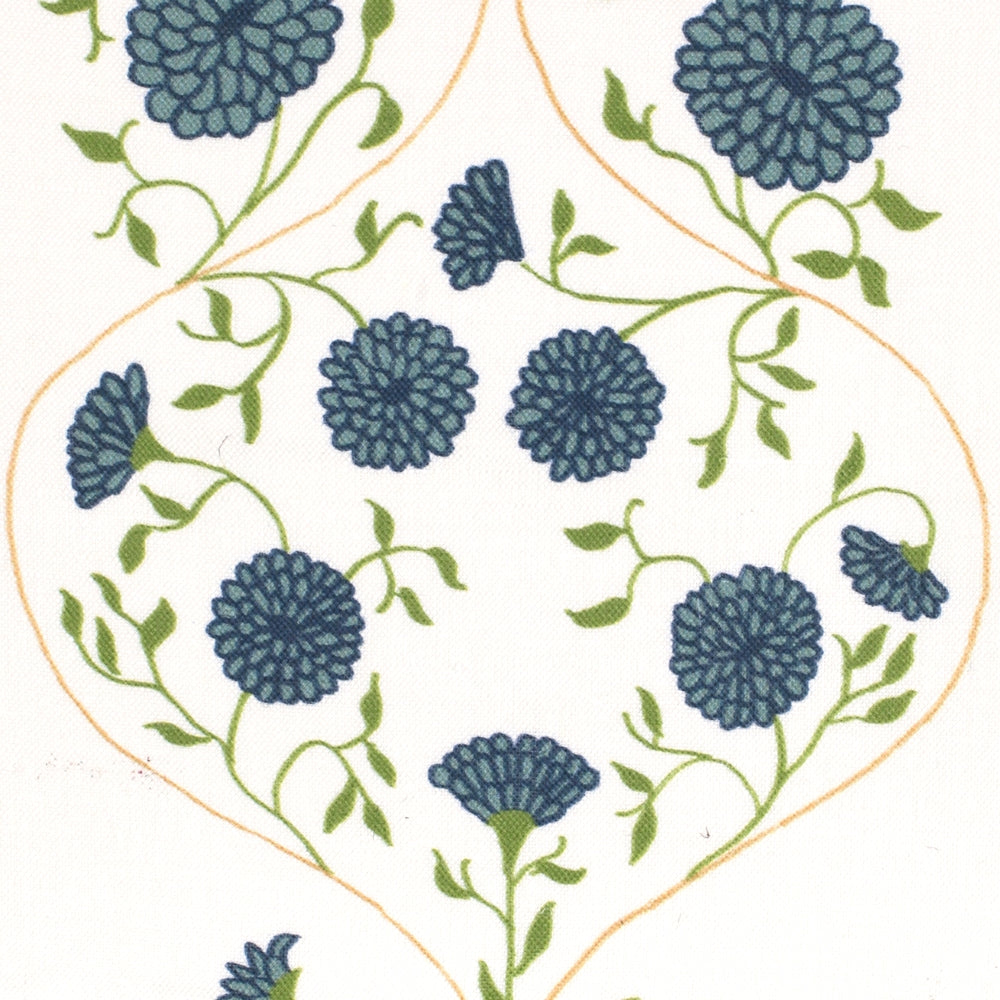 Detail of fabric in a floral lattice print in blue, navy and green on a cream field.