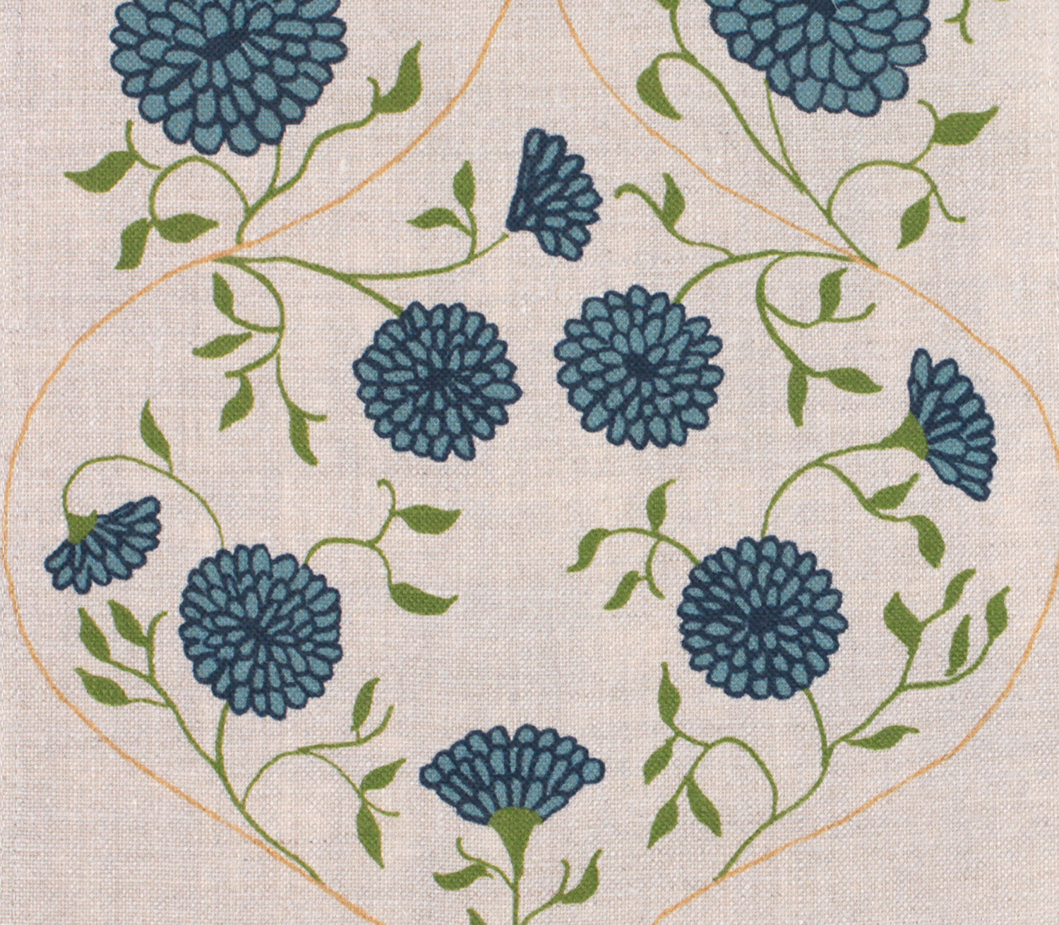 Detail of fabric in a floral lattice print in blue, navy and green on a tan field.