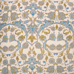 Detail of fabric in a paisley print in blue and mustard on a cream field.