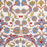 Detail of fabric in a paisley print in blue, red and mustard on a white field.