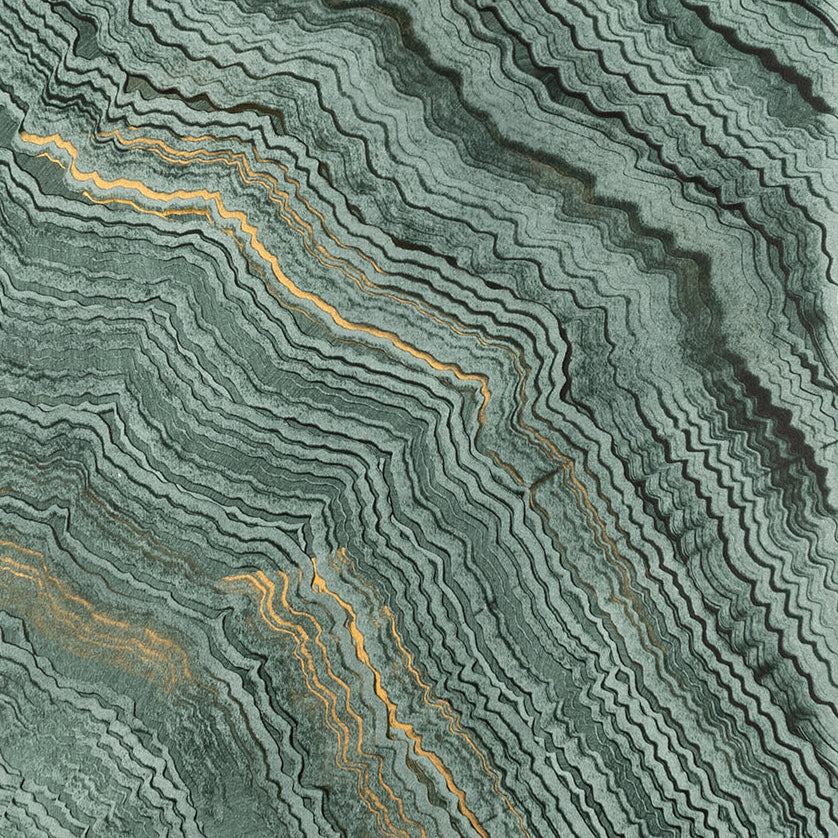 Detail of a wavy linear pattern in shades of emerald green with metallic gold accents