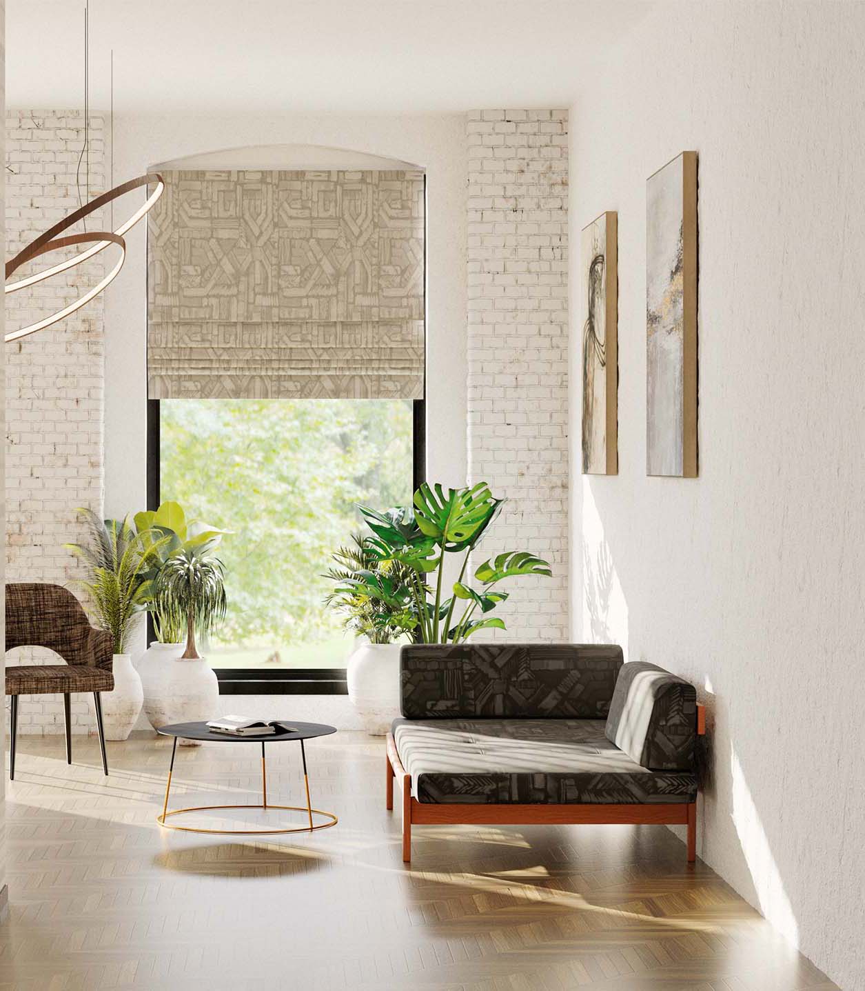 A minimalist living space with a couch and curtains upholstered in a geometric pattern in black and gray.