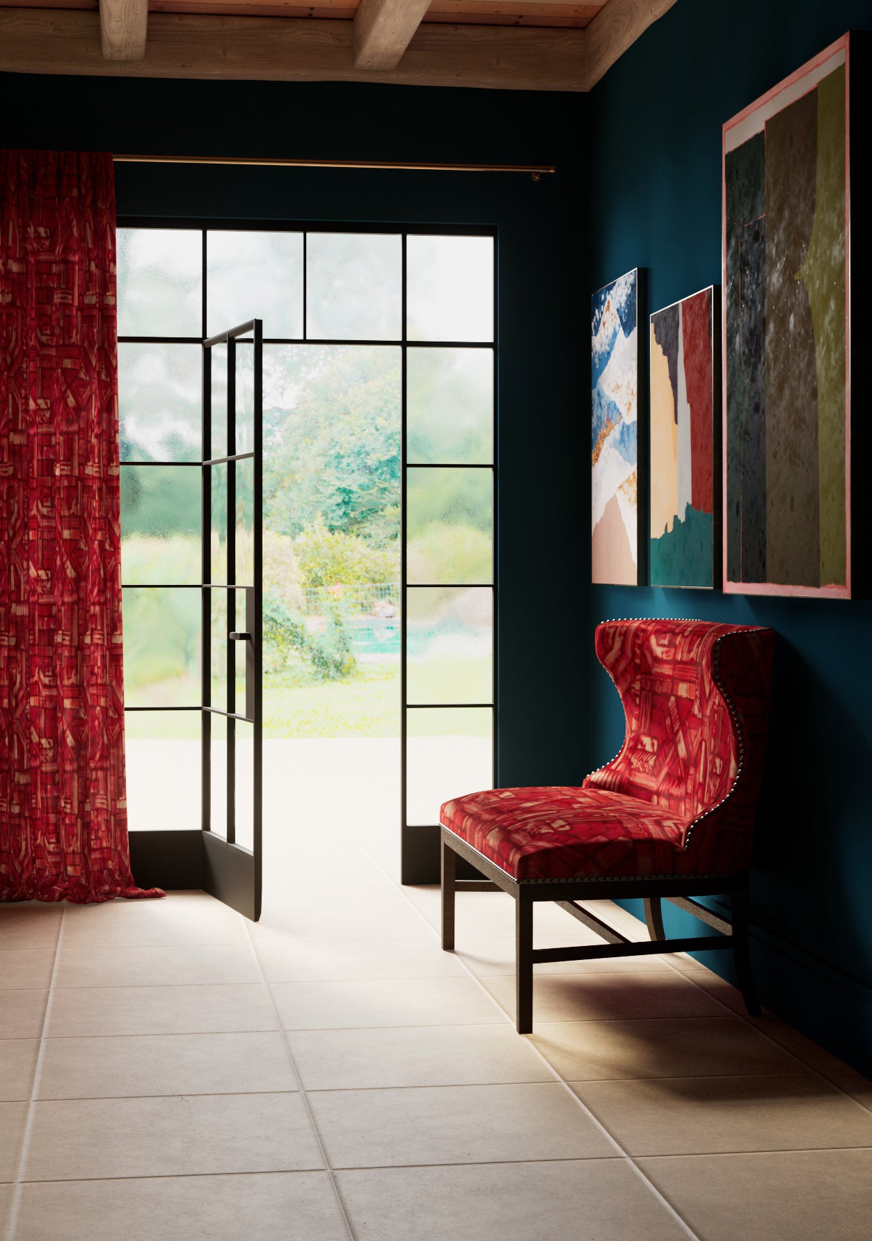 A living space with large windows and an armchair and curtains upholstered in the same abstract geometric print in red.