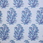 Detail of fabric in a repeating floral print in shades of blue and navy on a light blue field.