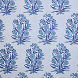 Detail of fabric in a repeating floral print in shades of blue and navy on a light blue field.