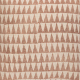 Detail of fabric in a repeating triangle print in dusty brown on a tan field.