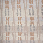 Handknotted rug sample in a abstract stripe design in shades of tan, cream and grey.