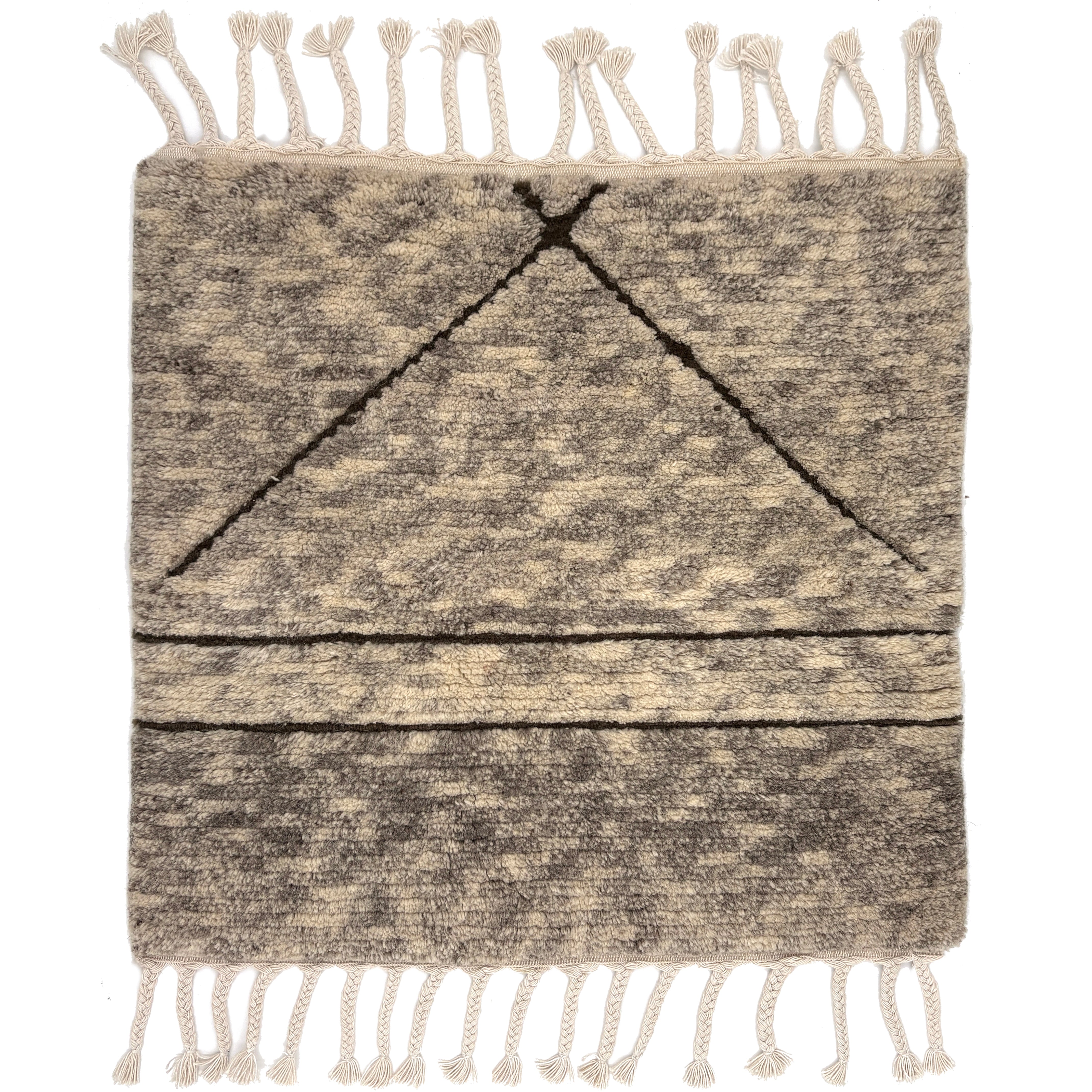 Textured rug  sample with geometric pattern and tassels on a plain background