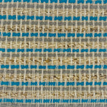 Woven rug swatch in natural fibers in  tan, grey and turquoise stripe pattern