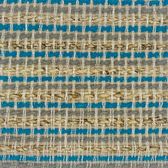 Woven rug swatch in natural fibers in  tan, grey and turquoise stripe pattern