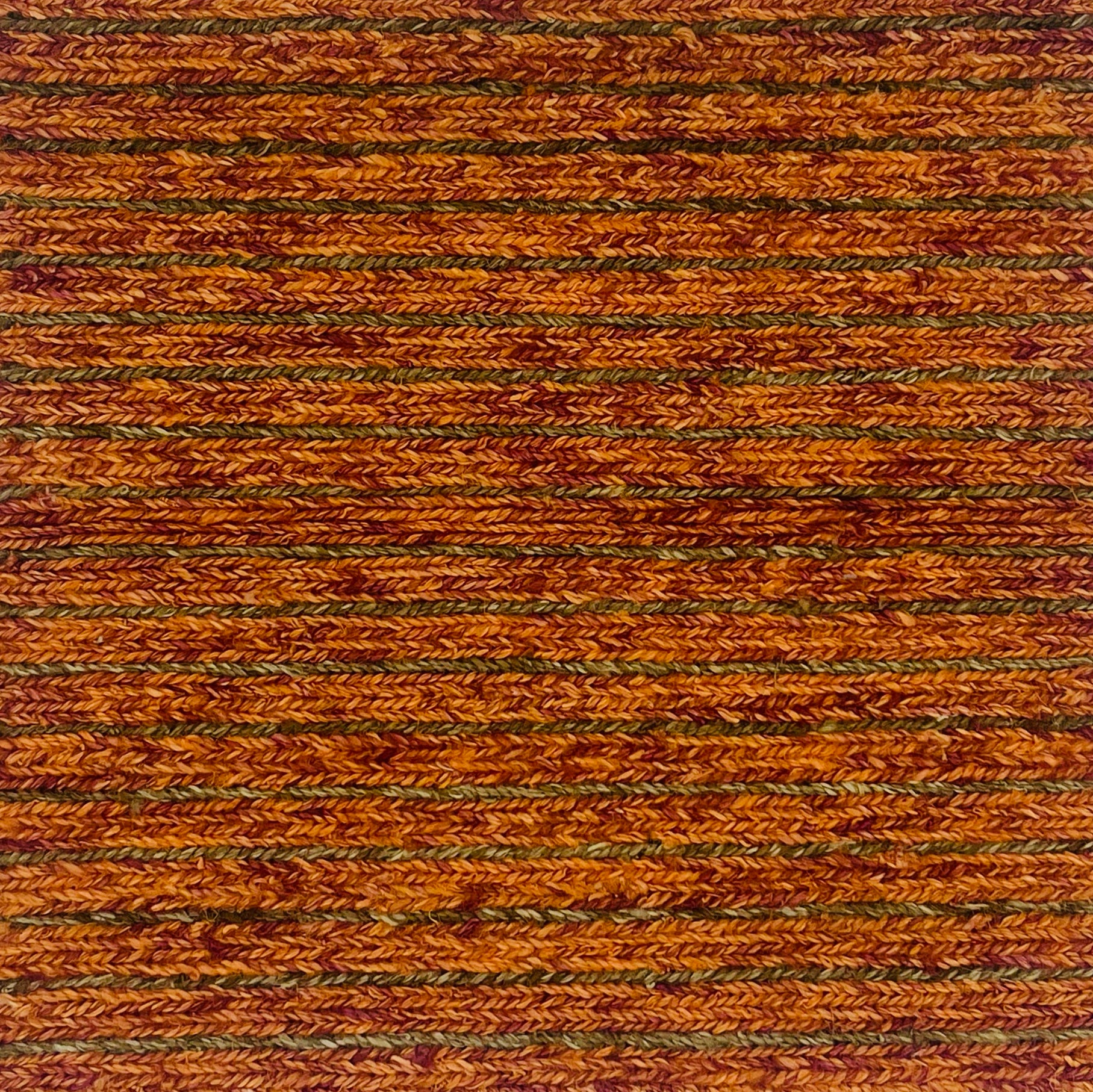Woven rug swatch in natural fibers in an orange and dark brown stripe pattern