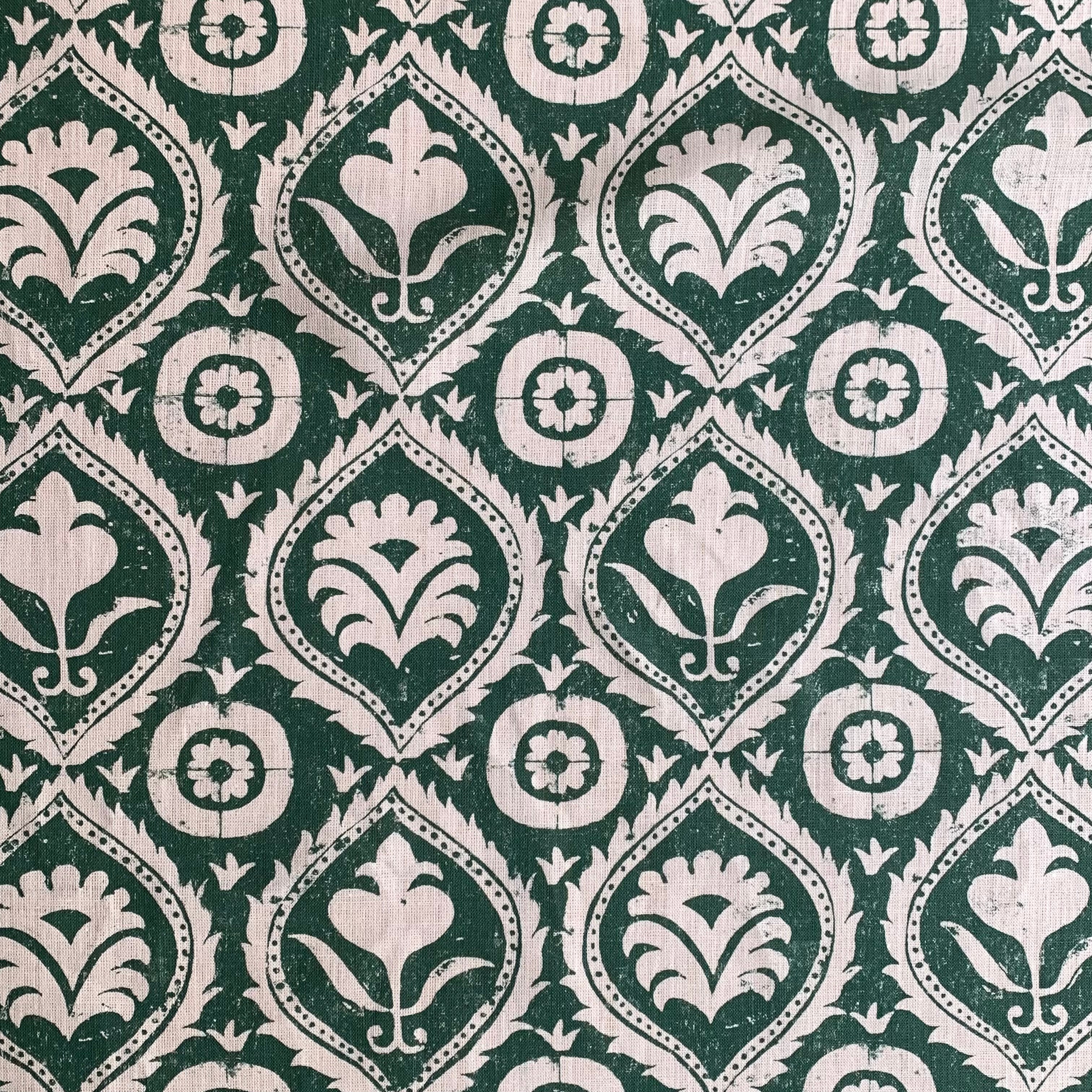 Detail of fabric in a floral damask print in white on a dark green field.