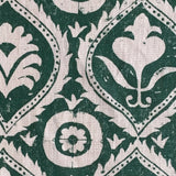 Close-up of fabric in a floral damask print in white on a dark green field.