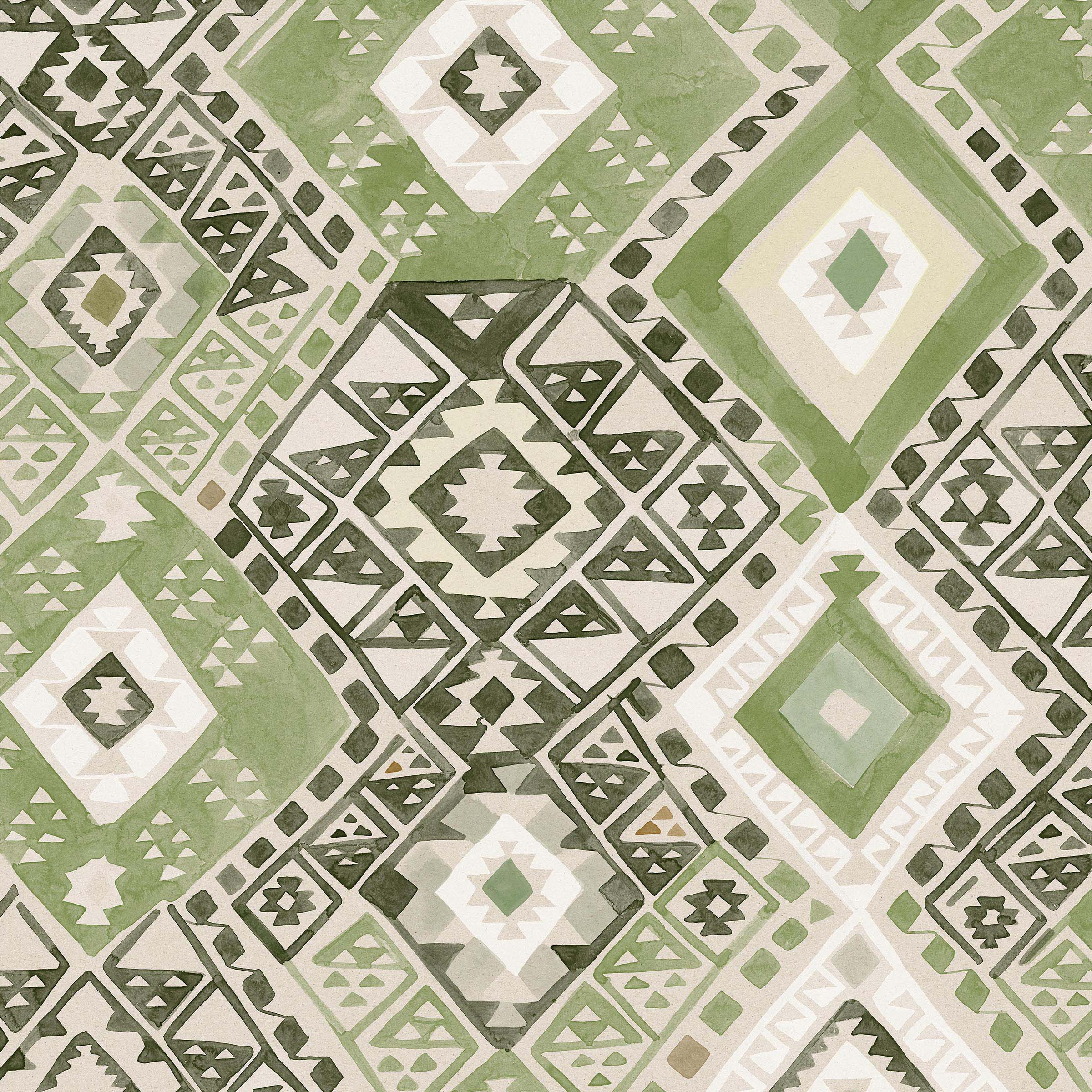 Detail of wallpaper in a painterly diamond print in shades of green, gray and white.